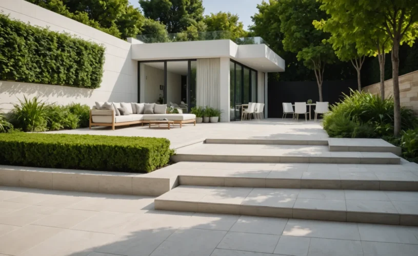 terrasse avec marches vers jardin moderne